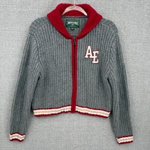 American Eagle Outfitters‎ AE Varsity Gray Red Knit Zip Up Sweater Jacket Sz L